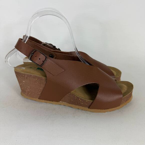 Bionatura Tessa Sandals Women 7.5 Brown Genuine Leather Buckle Peep Toe Wedge - Picture 2 of 9